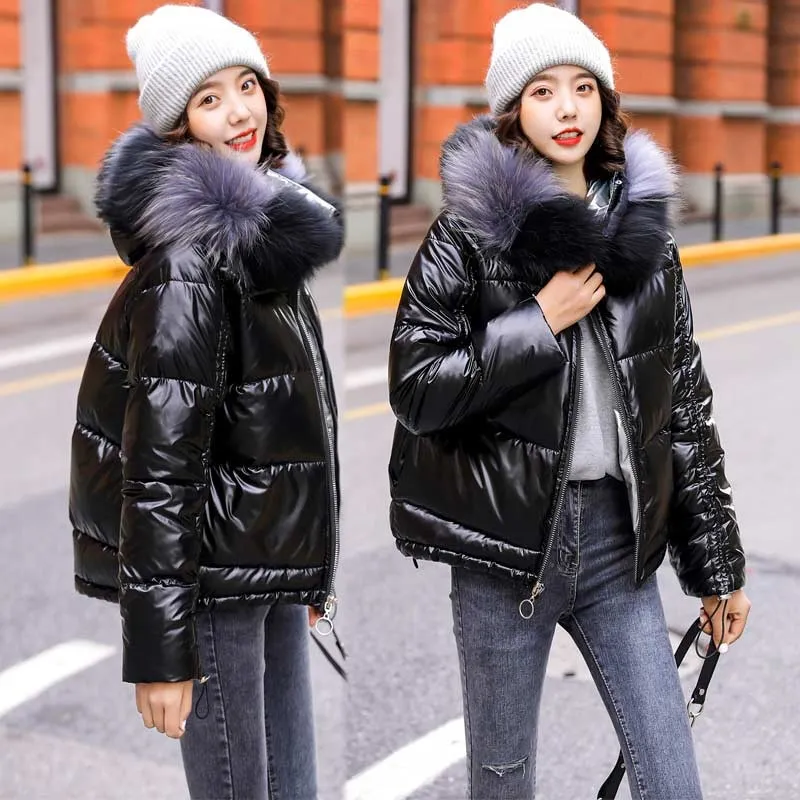 2021 New Winter Jacket Women&#39;s Parka Fur Collar Hooded Down Cotton Jacket Female Glossy Casual Cotton Padded Parkas Outerwear