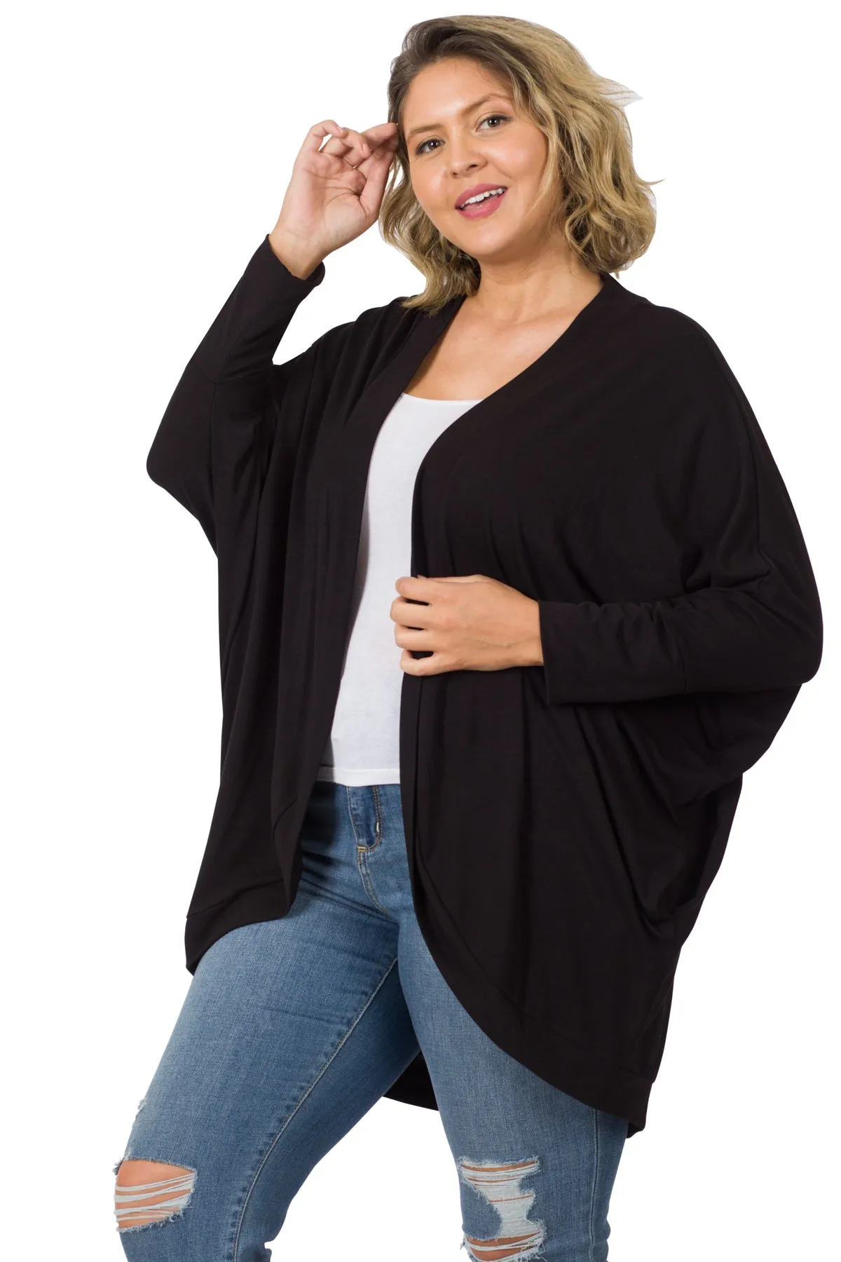 3/4 Sleeve Cocoon Wrap Cardigan - Black