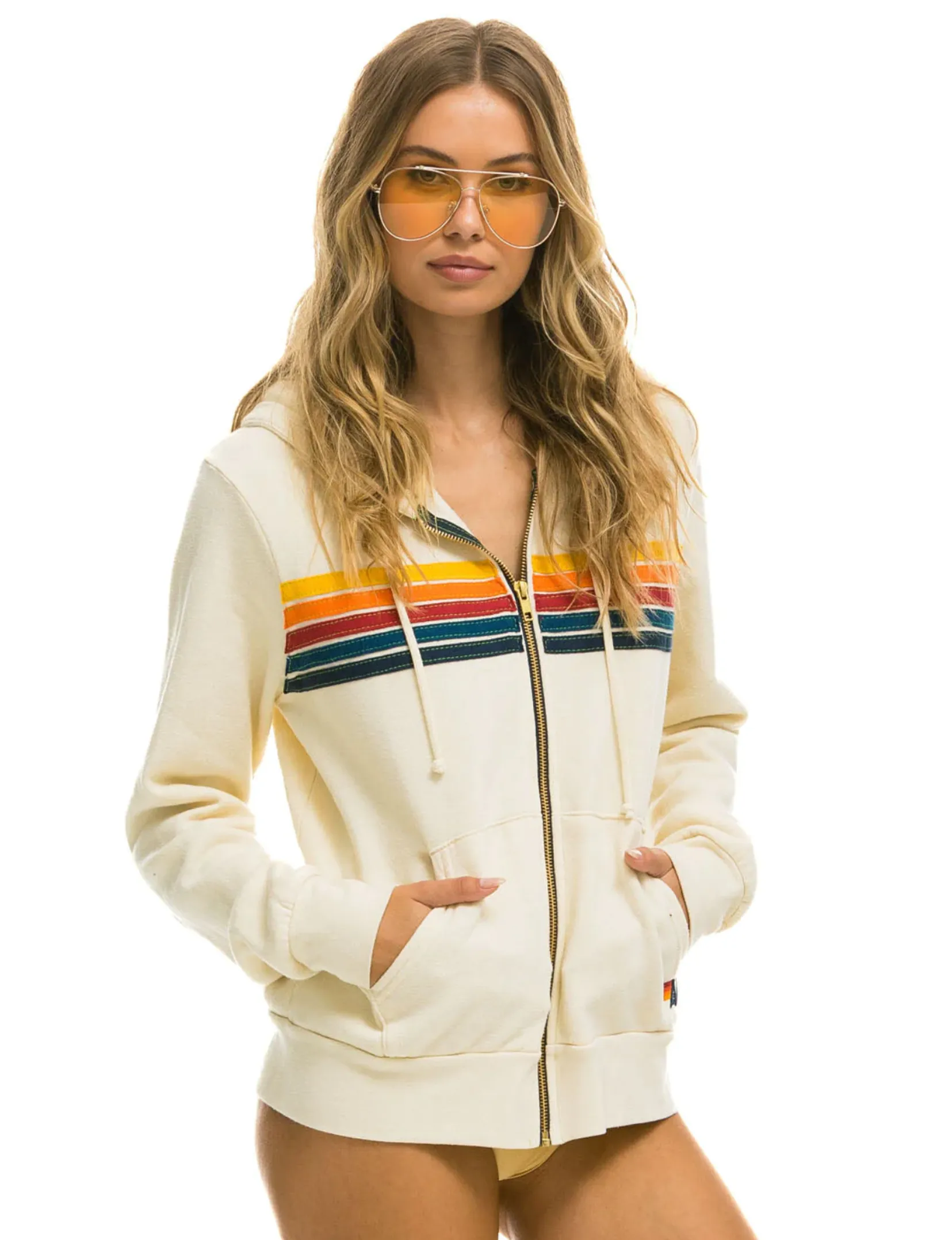 5 Stripe Zip Hoodie, Vintage White/Multi