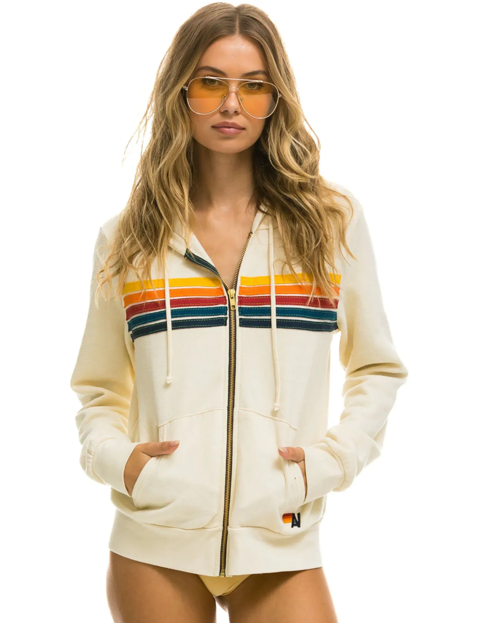 5 Stripe Zip Hoodie, Vintage White/Multi