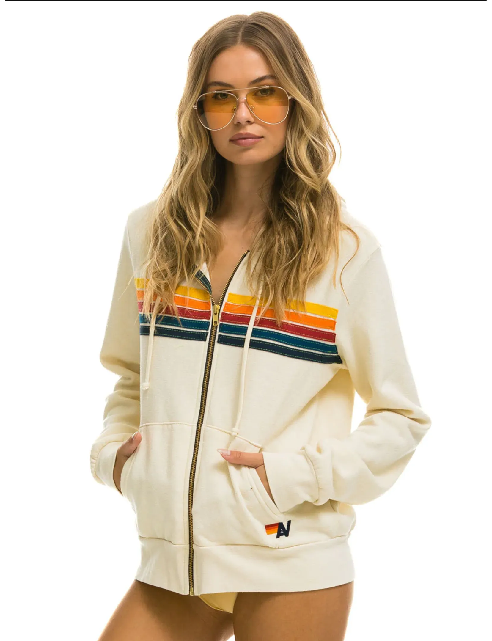 5 Stripe Zip Hoodie, Vintage White/Multi