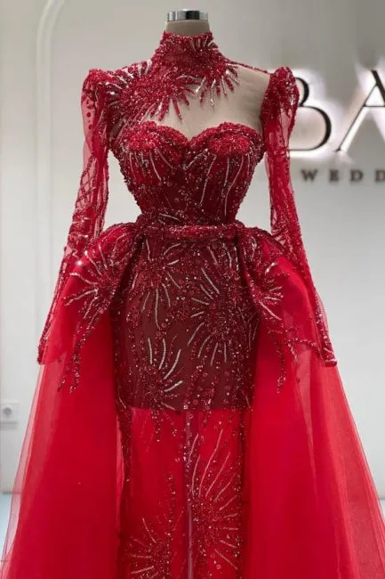 Amazing Column Tulle Lace Sweetheart Long Sleeve Red Prom Dress With Train