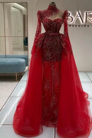 Amazing Column Tulle Lace Sweetheart Long Sleeve Red Prom Dress With Train