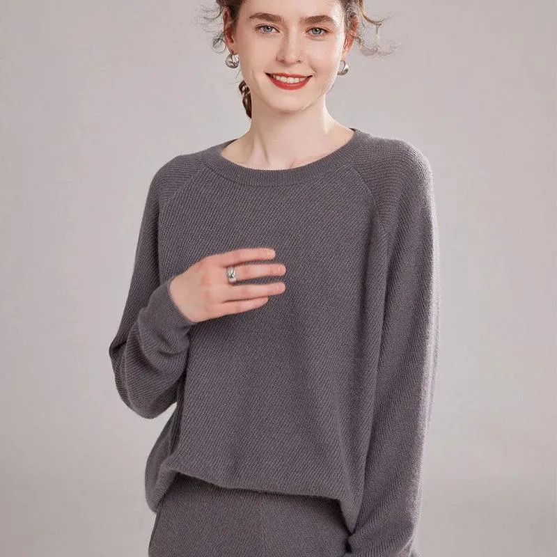 Autumn Winter 100% Cashmere Knitted Two-Piece Set – High-Quality Sweater and Harem Pants for Women