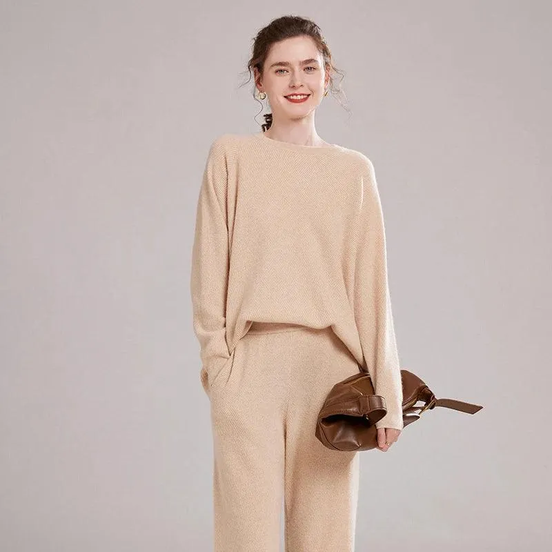 Autumn Winter 100% Cashmere Knitted Two-Piece Set – High-Quality Sweater and Harem Pants for Women