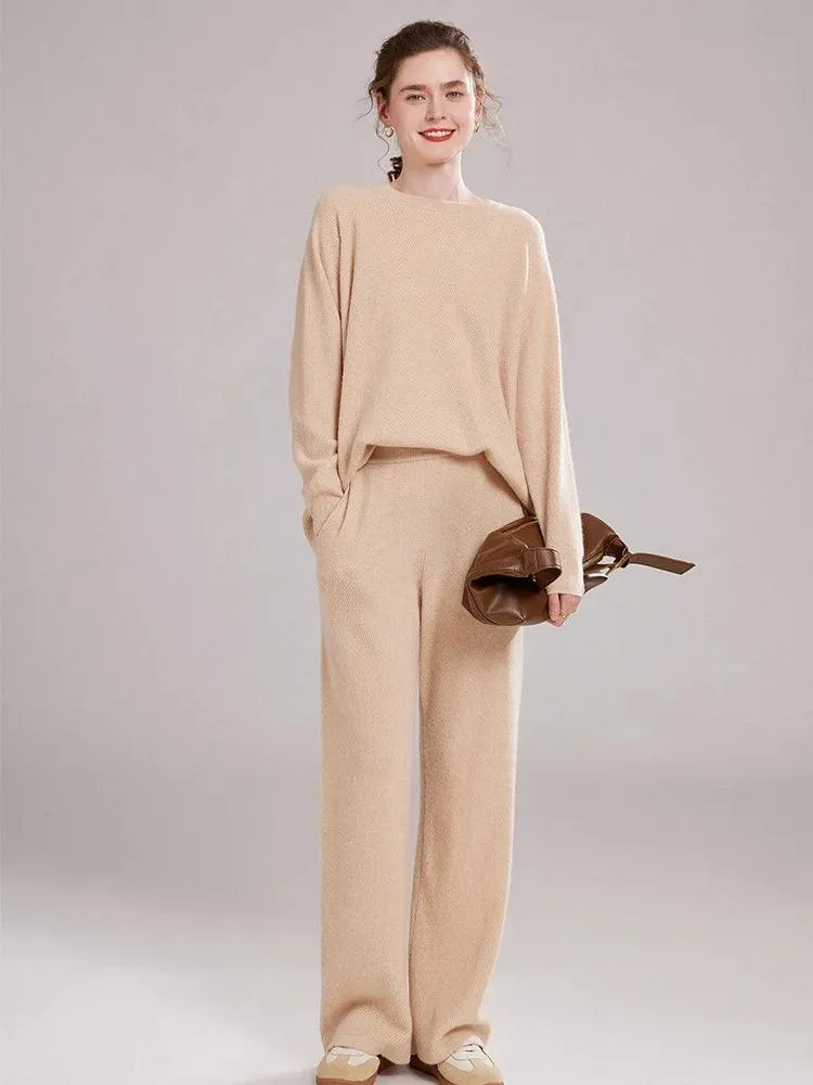 Autumn Winter 100% Cashmere Knitted Two-Piece Set – High-Quality Sweater and Harem Pants for Women