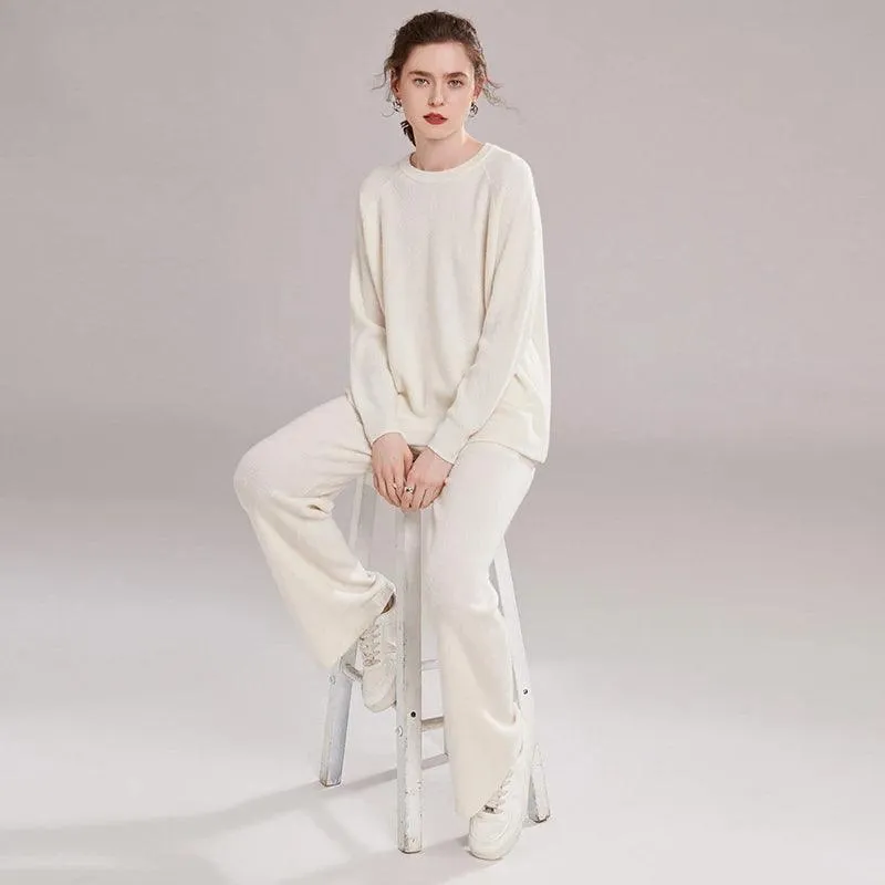 Autumn Winter 100% Cashmere Knitted Two-Piece Set – High-Quality Sweater and Harem Pants for Women