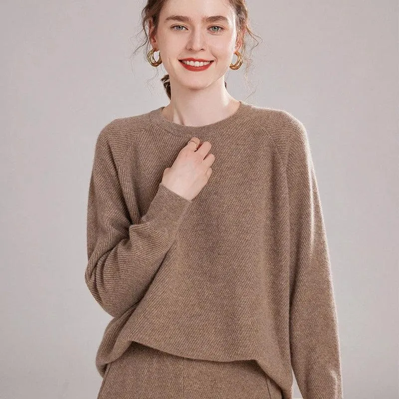 Autumn Winter 100% Cashmere Knitted Two-Piece Set – High-Quality Sweater and Harem Pants for Women