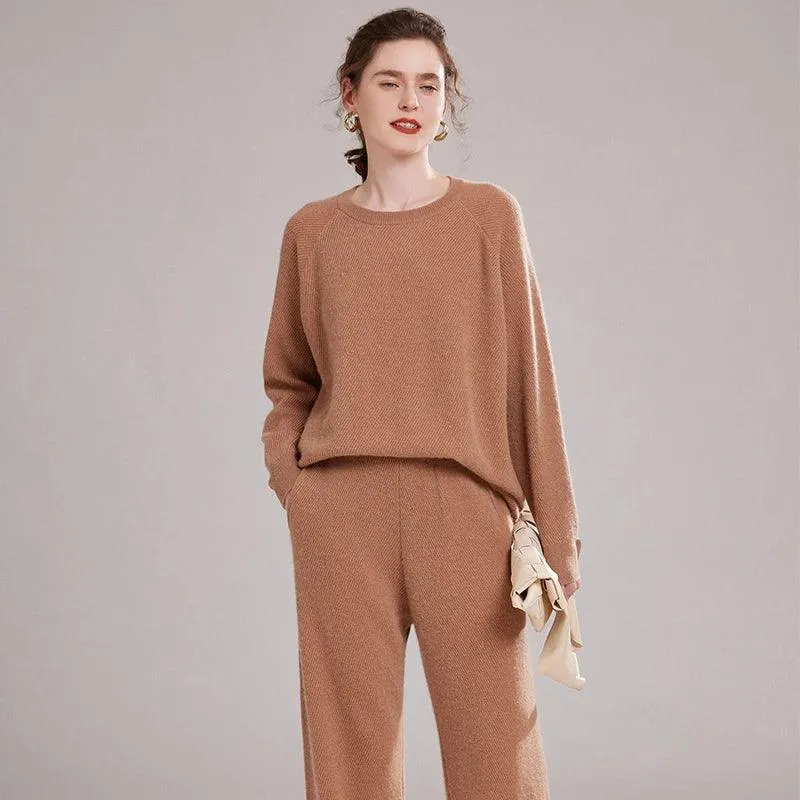 Autumn Winter 100% Cashmere Knitted Two-Piece Set – High-Quality Sweater and Harem Pants for Women