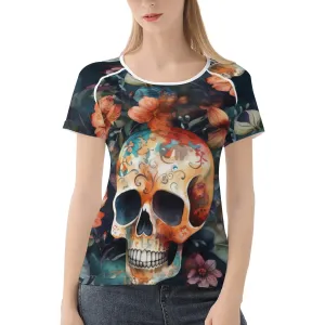 Be Unique & Stylish In This Women's Skull Brown Floral Short Sleeve T-Shirt