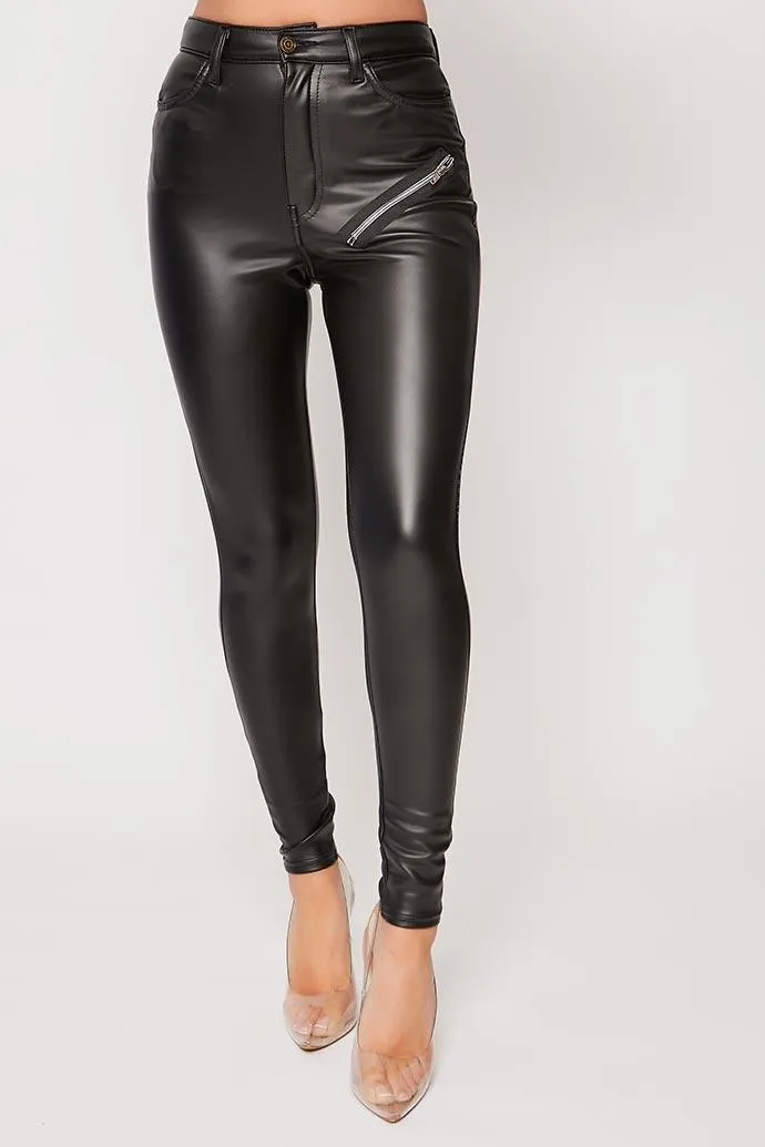 Beth - High Waisted PU Zip Skinny Trousers