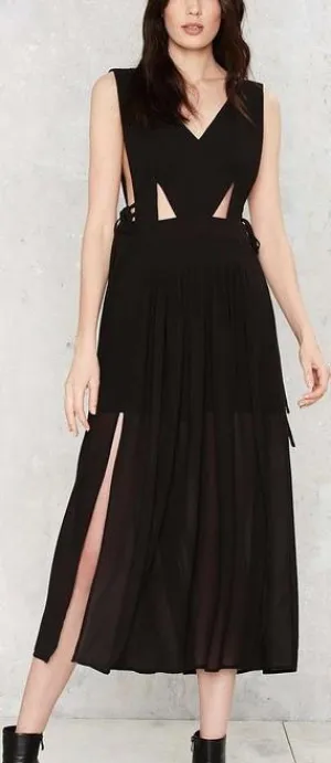 Black Stretch Cut-Out Midi Flowing Chiffon Dress