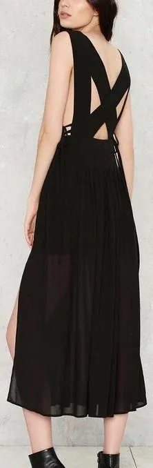 Black Stretch Cut-Out Midi Flowing Chiffon Dress