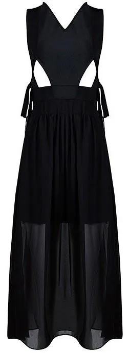 Black Stretch Cut-Out Midi Flowing Chiffon Dress