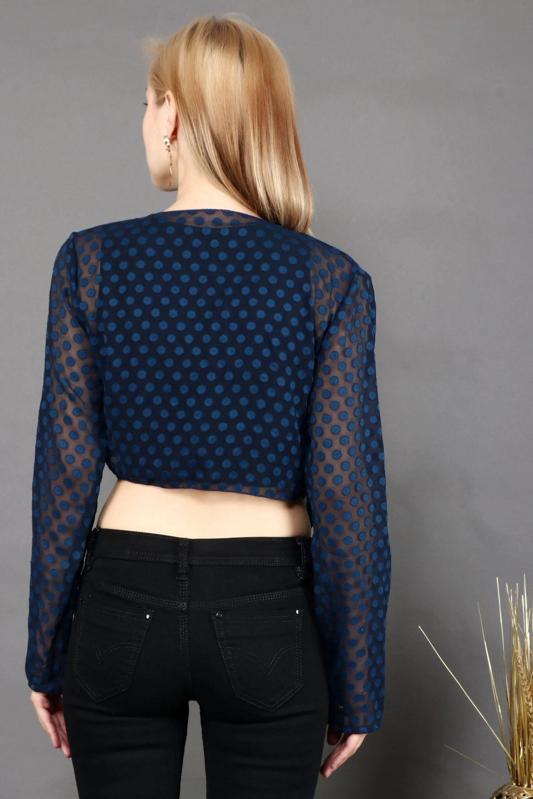 Blue Polka Dots Printed Shrug with Fitted Pants