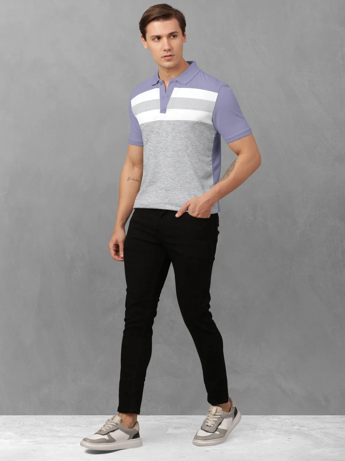 BULLMER Lilac Trendy Printed Half Sleeve Polo T-shirt for Mens