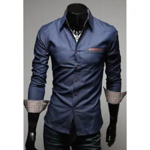 Casual Style Lapel Collar Pockets Design Bleach Wash Long Sleeves Denim Shirt For Men 9578