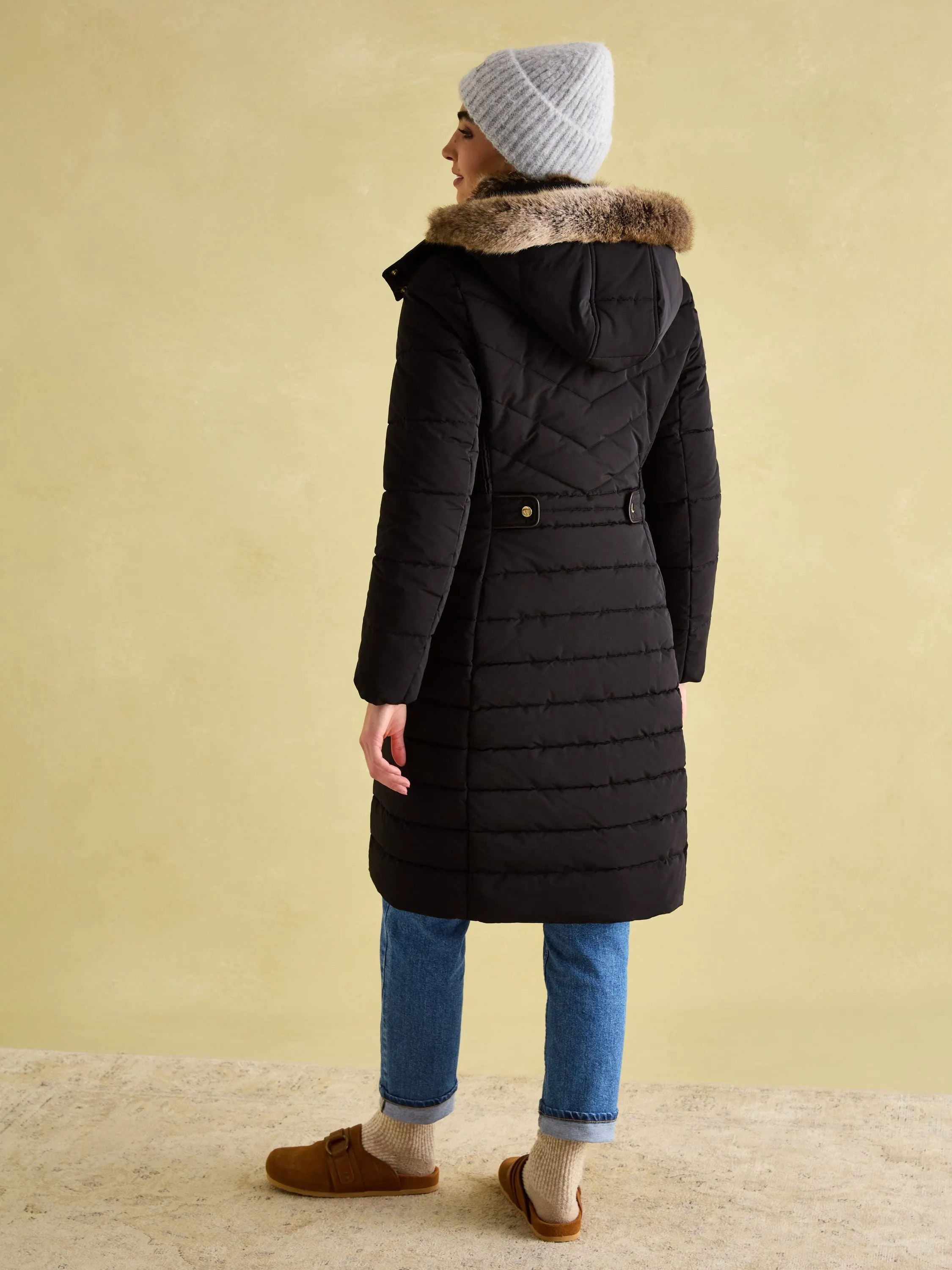 Cherington Black Showerproof Longline Padded Coat with Faux Fur Hood