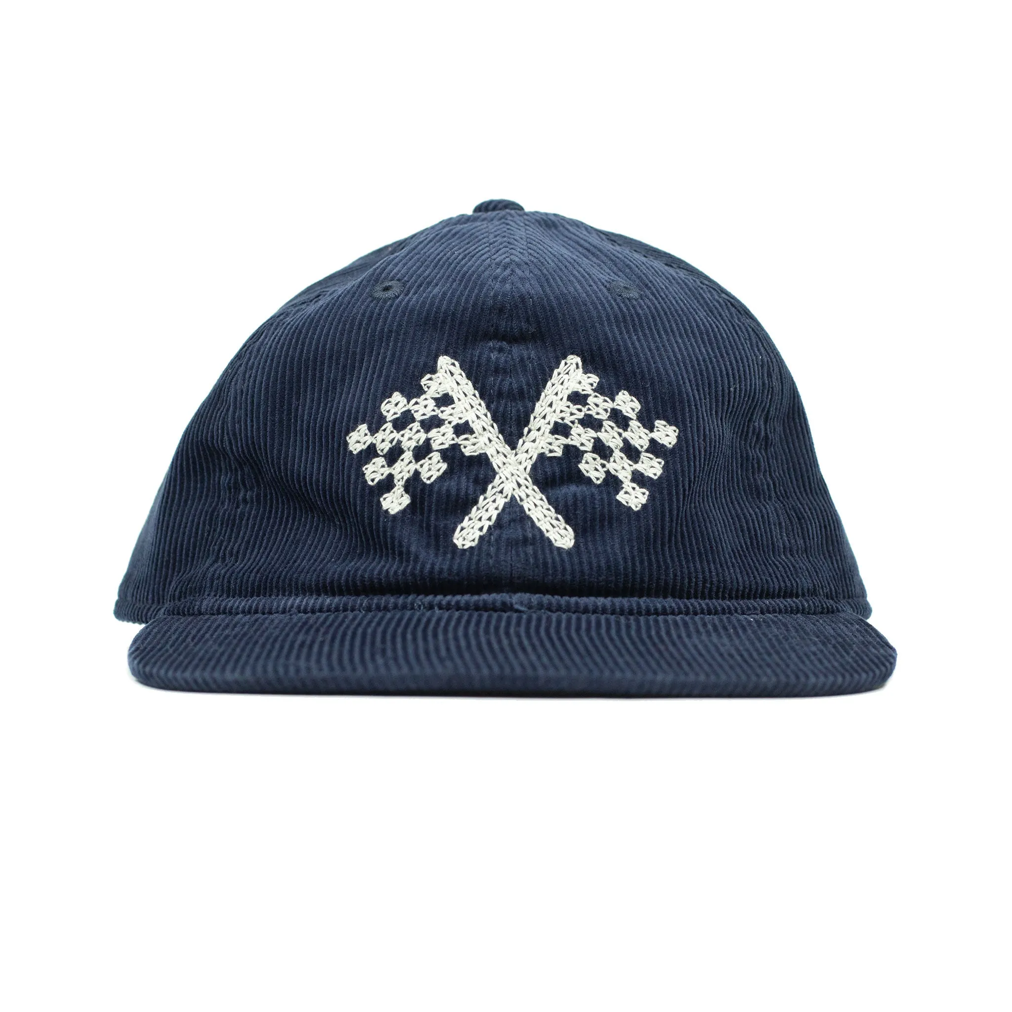 Corduroy cap in navy with racing flag chainstitched embroidery