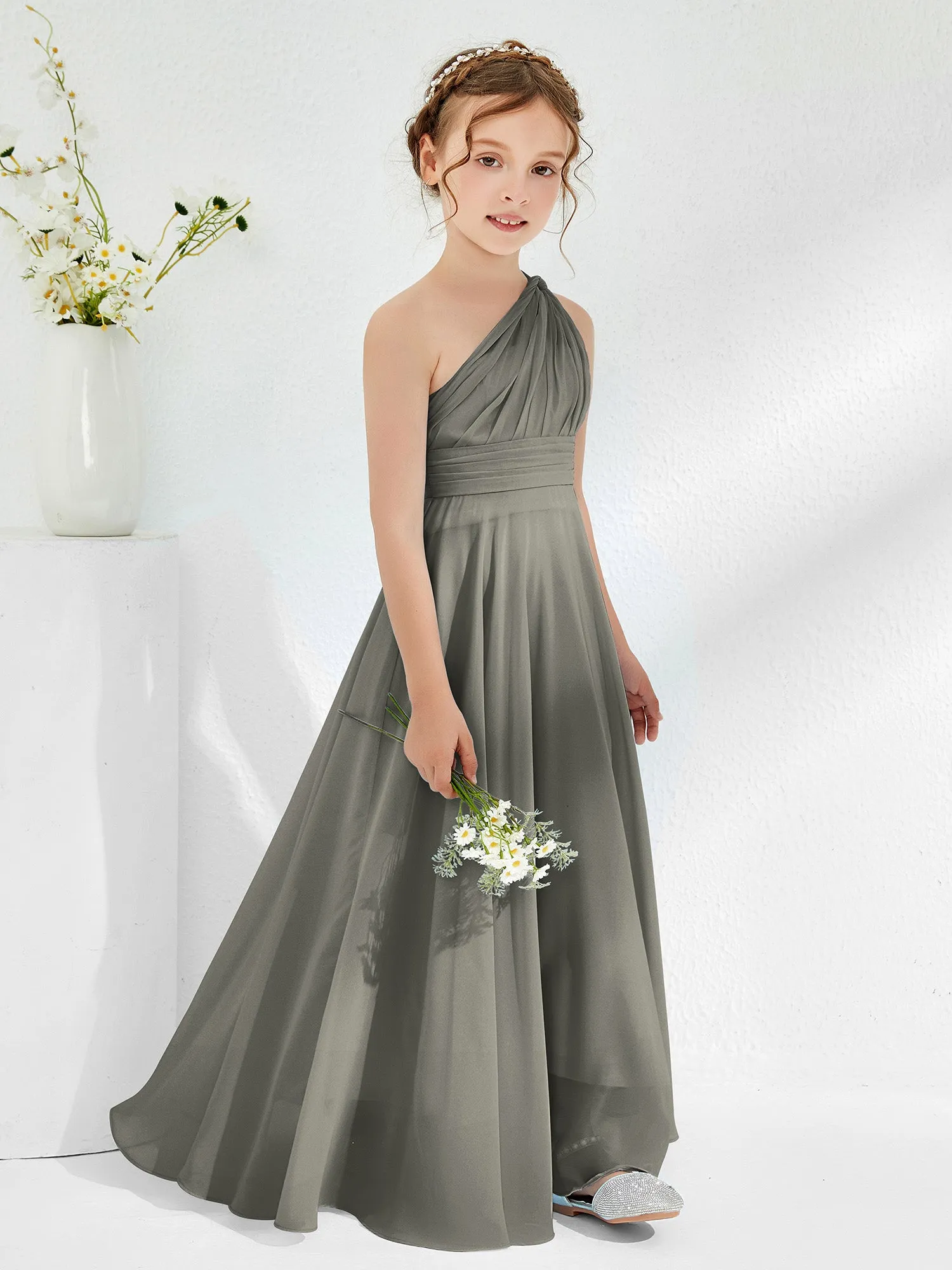 Cute One Shoulder  A-line Junior Bridesmaid Dresses Steel Grey