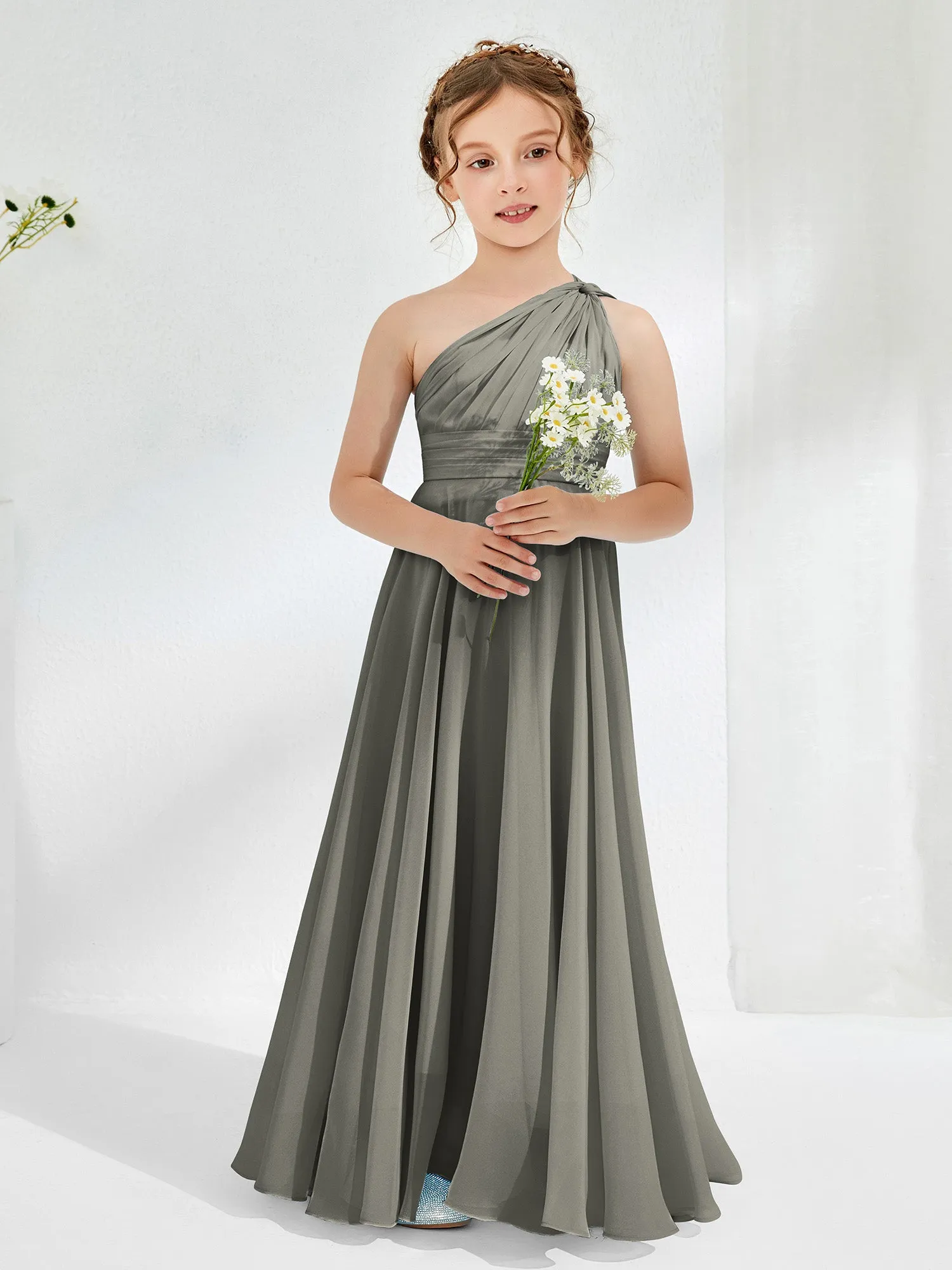 Cute One Shoulder  A-line Junior Bridesmaid Dresses Steel Grey