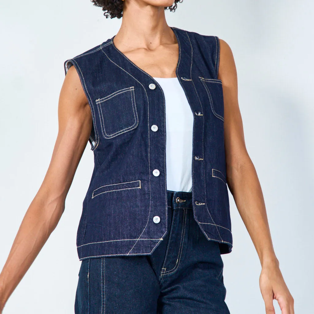 Denim vest with contrast stitching wholesale