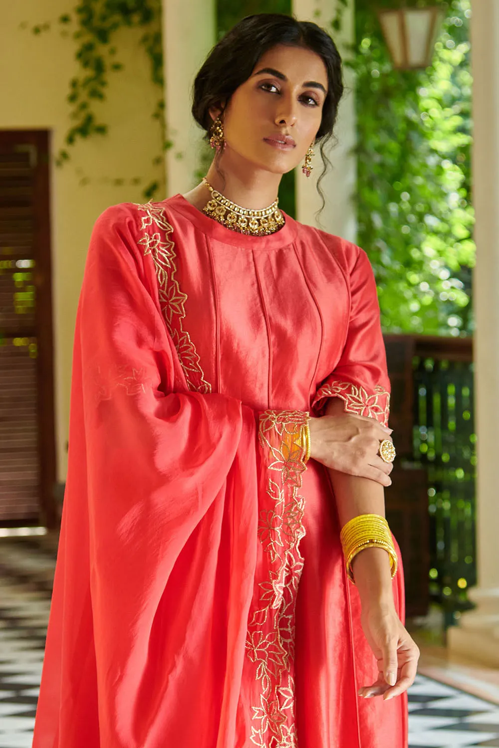 Embroidered Anarkali Set In Strawberry