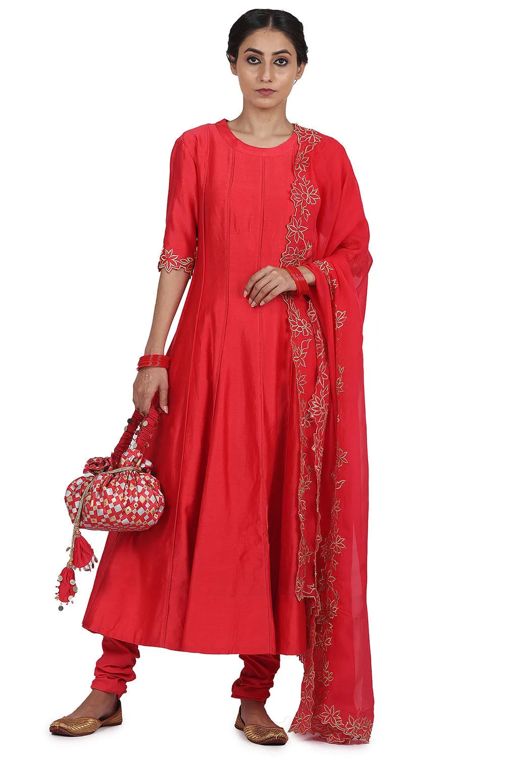 Embroidered Anarkali Set In Strawberry