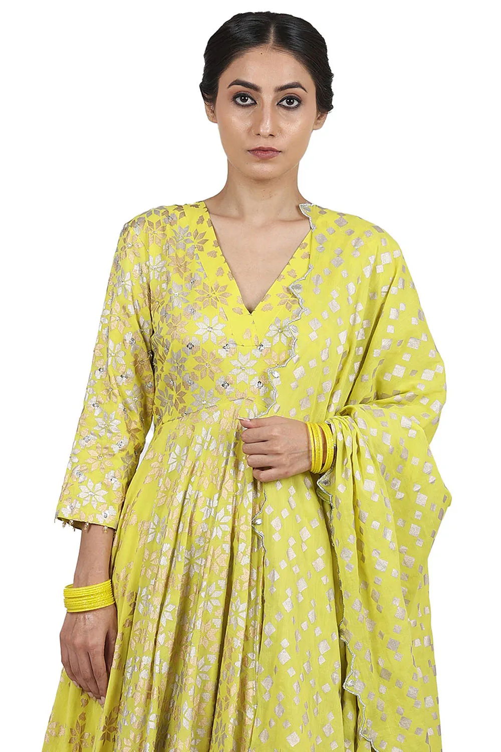 Embroidered Kalidar Electric Yellow Anarkali Set