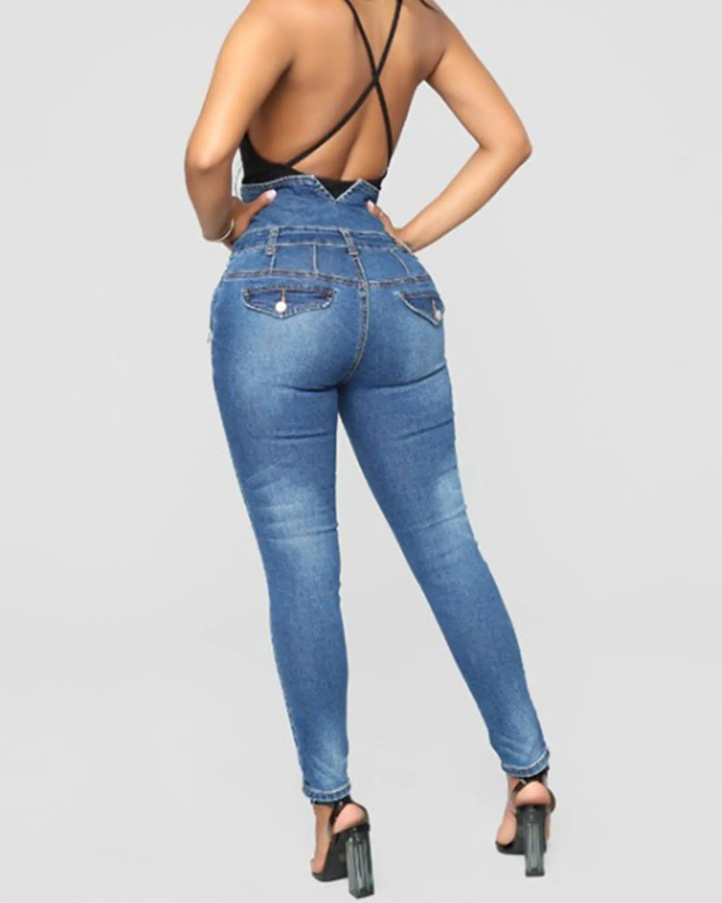 High Waist Four-Breasted Stretch Slim-Fit Denim Pants