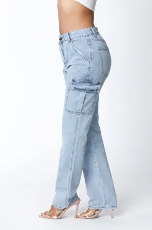 High Waisted Denim Boyfriend Wide Leg Cargo Jeans