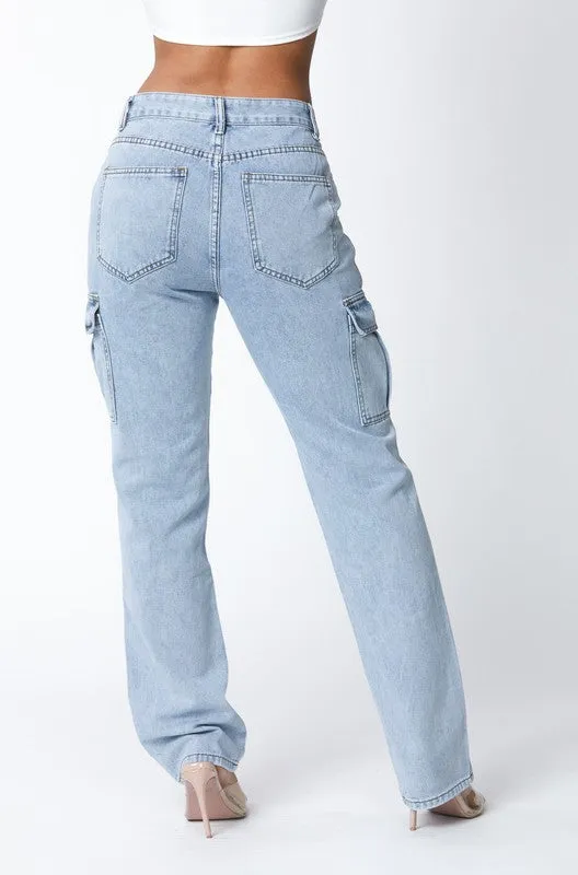 High Waisted Denim Boyfriend Wide Leg Cargo Jeans