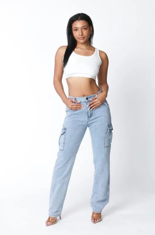 High Waisted Denim Boyfriend Wide Leg Cargo Jeans