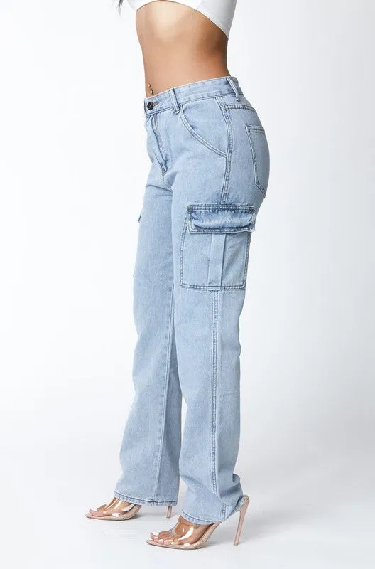 High Waisted Denim Boyfriend Wide Leg Cargo Jeans