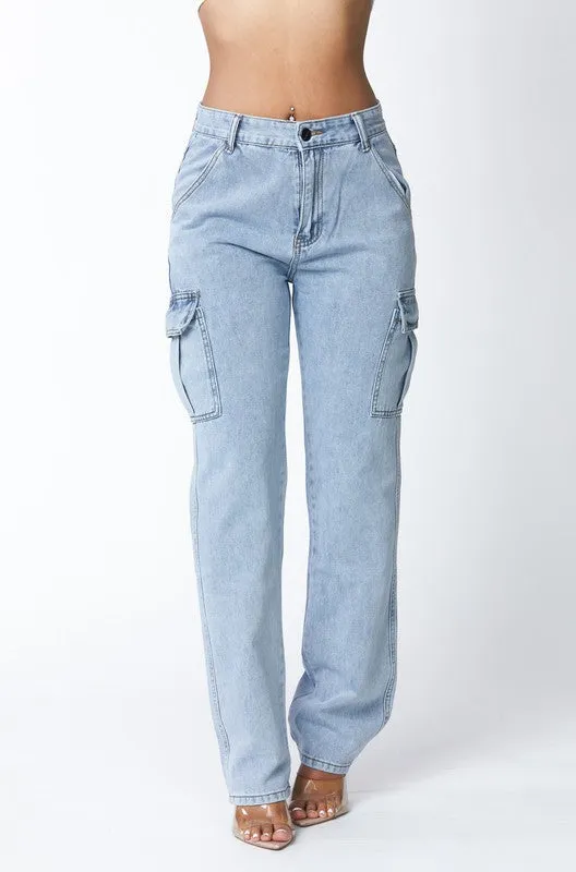 High Waisted Denim Boyfriend Wide Leg Cargo Jeans