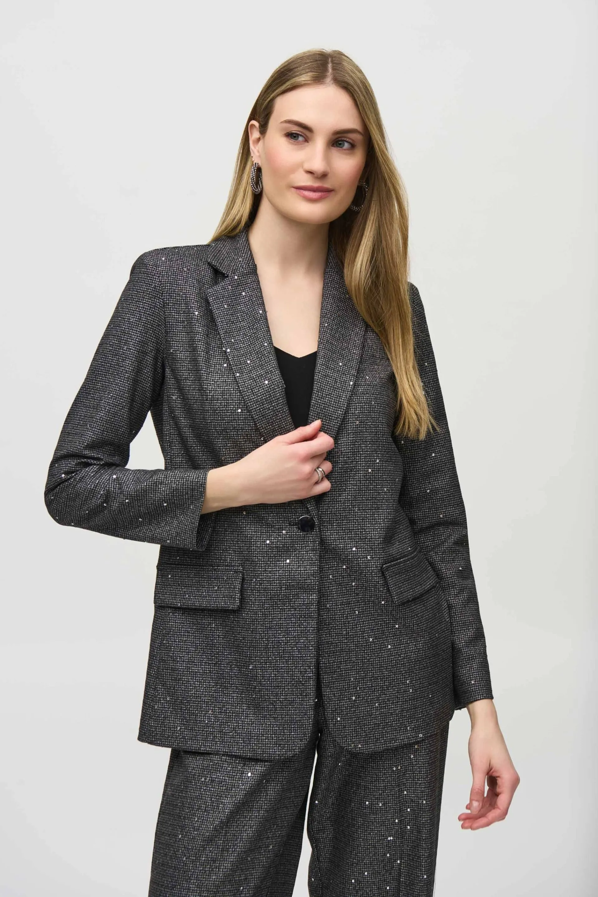 Joseph Ribkoff Black/Grey Sequined Houndstooth Blazer Jacket 244031