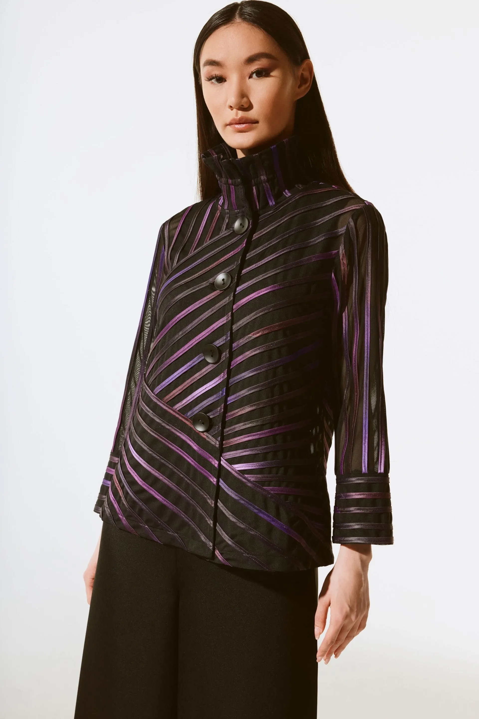 Joseph Ribkoff Black/Multi Striped Satin Mesh Bell Sleeve Jacket 243777