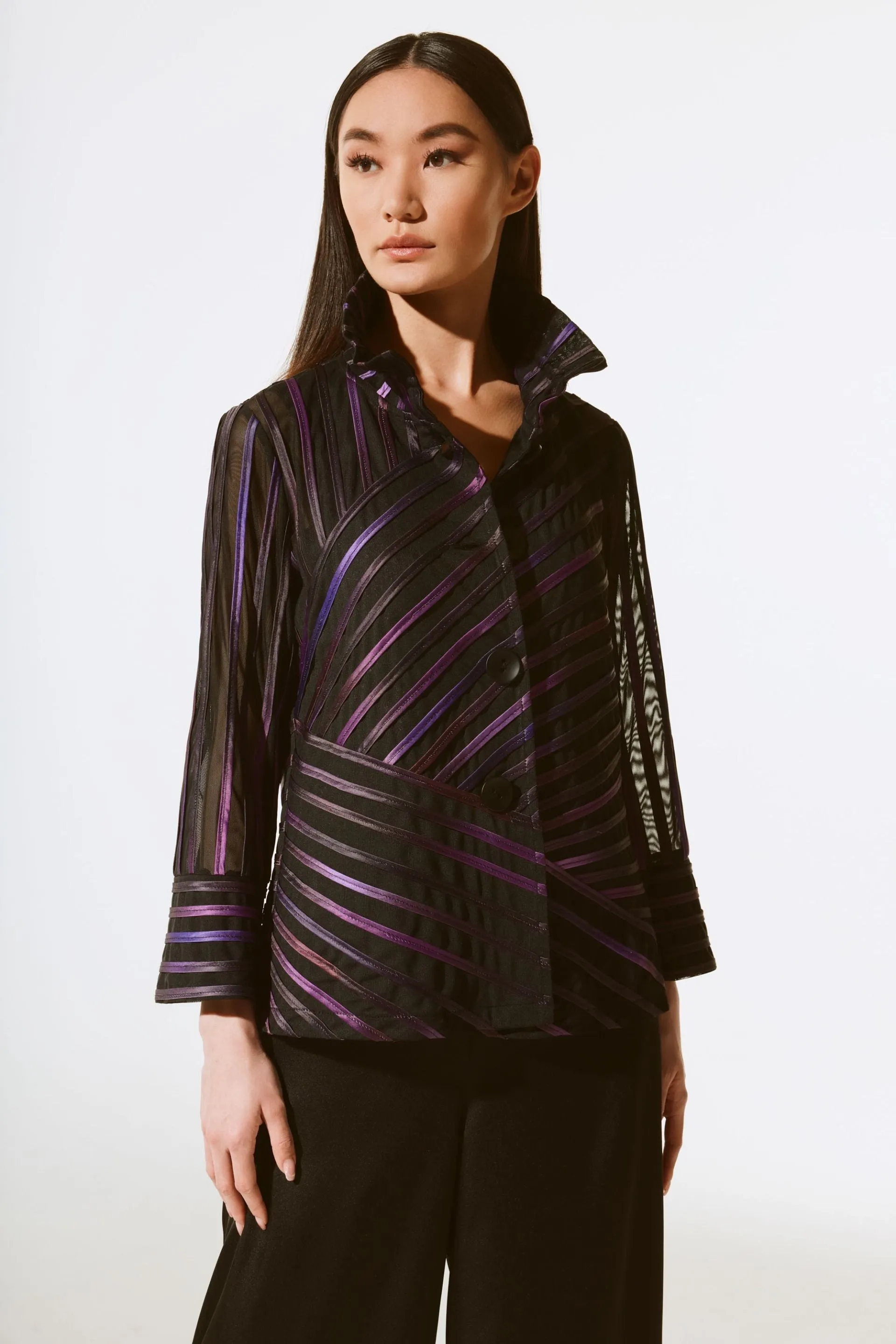 Joseph Ribkoff Black/Multi Striped Satin Mesh Bell Sleeve Jacket 243777