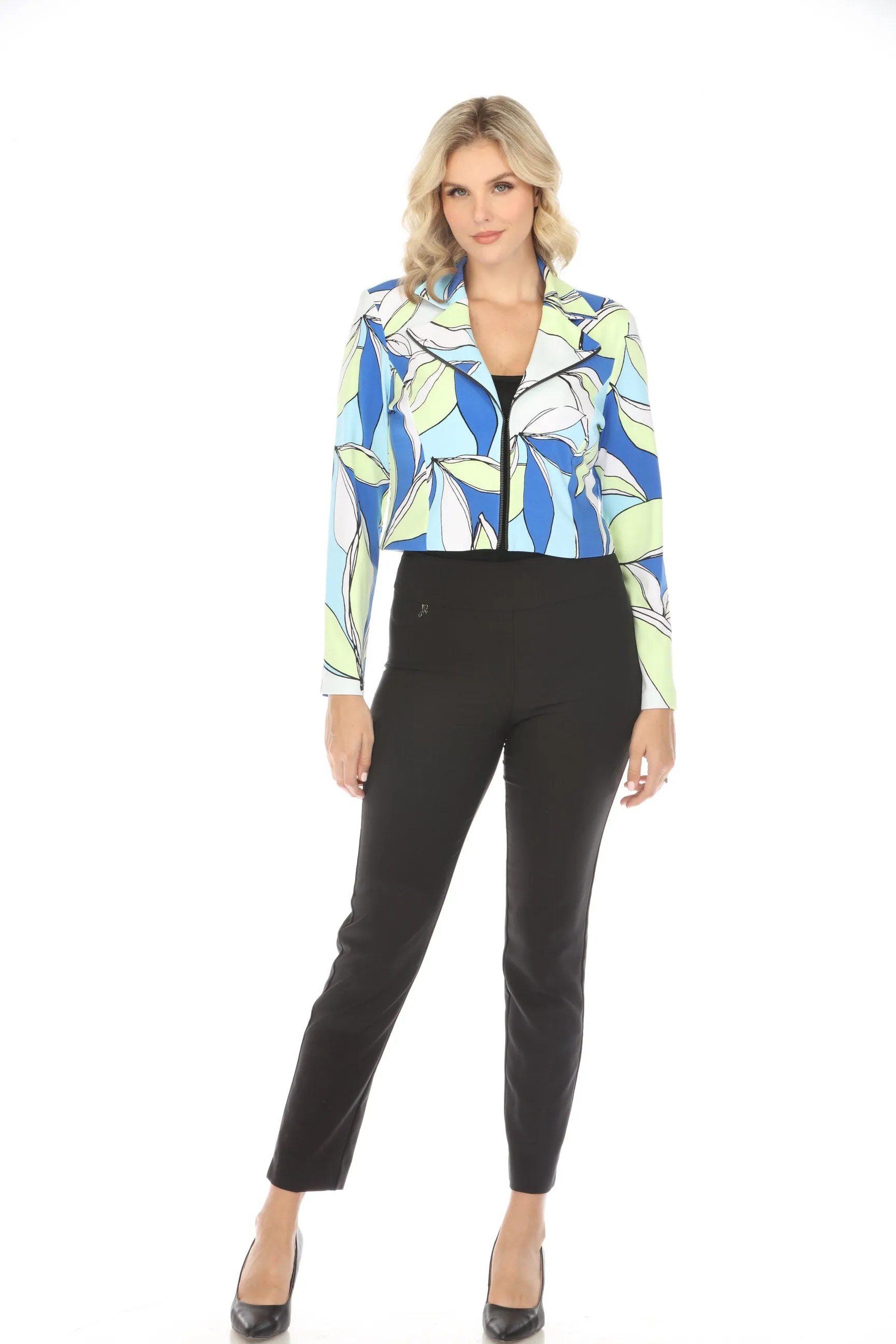 Joseph Ribkoff Vanilla/Multi Leaf Print Moto Jacket 242092