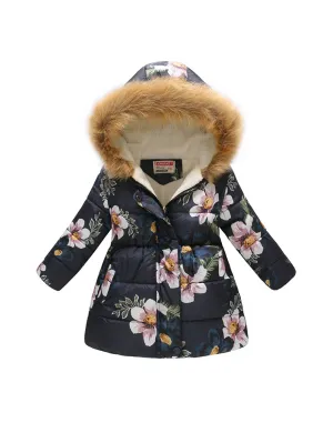 Kids Girls Cotton-Padded Flower Print and Fleece Hooded Jackets