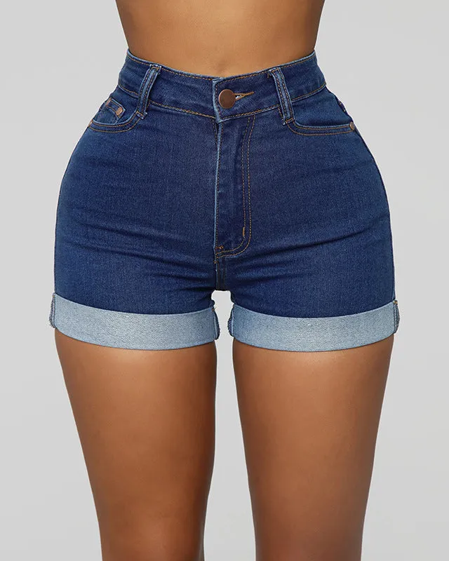 Ladies' Simple And High Elastic Denim Shorts