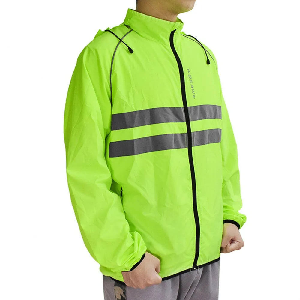 Men Windproof Hooded Cycling Jacket Breathable High Visibility Reflective Bike Bicycle Riding Sports Coat Jacket