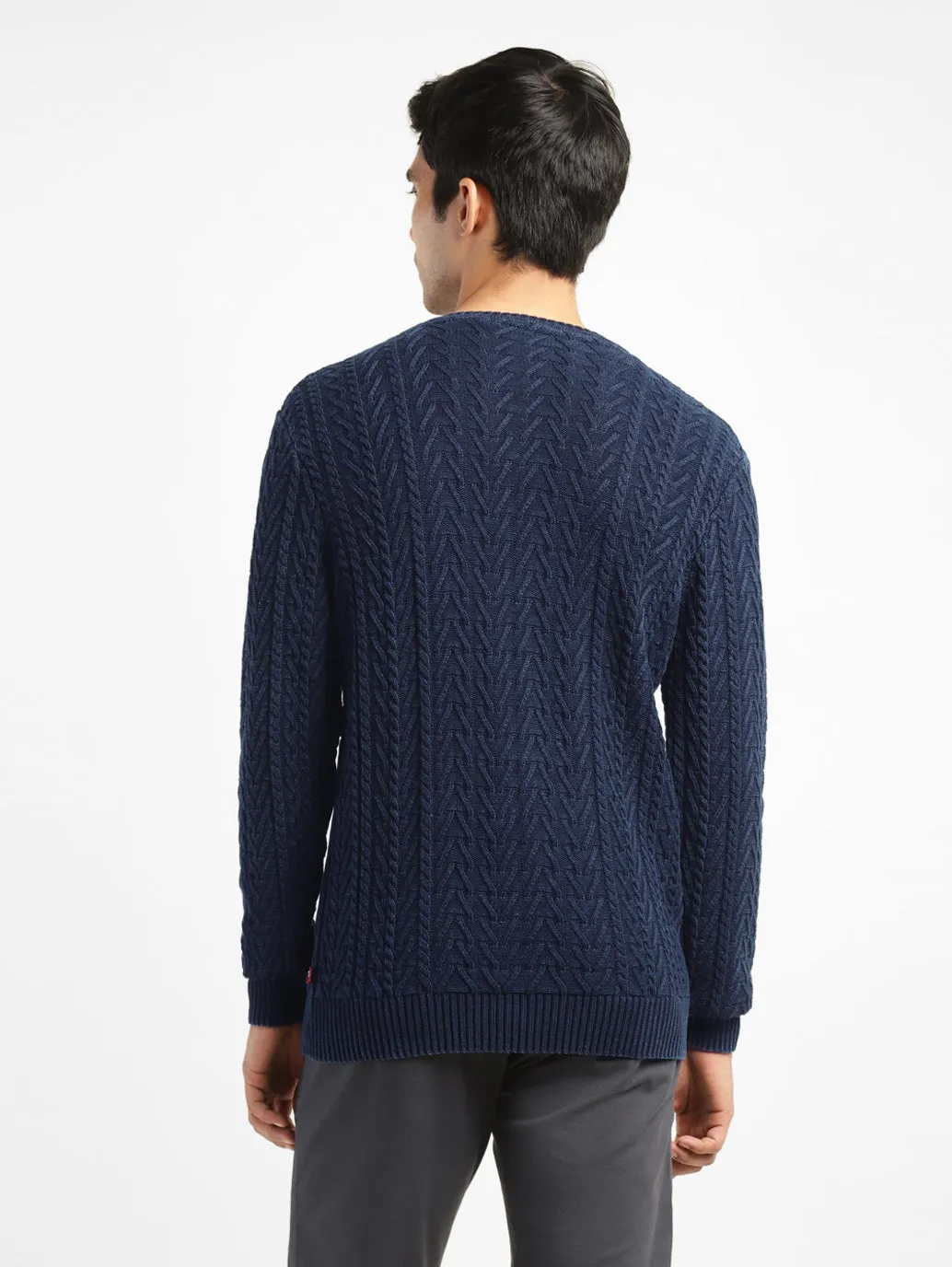 Men's Self Design Navy Crew Neck Sweater