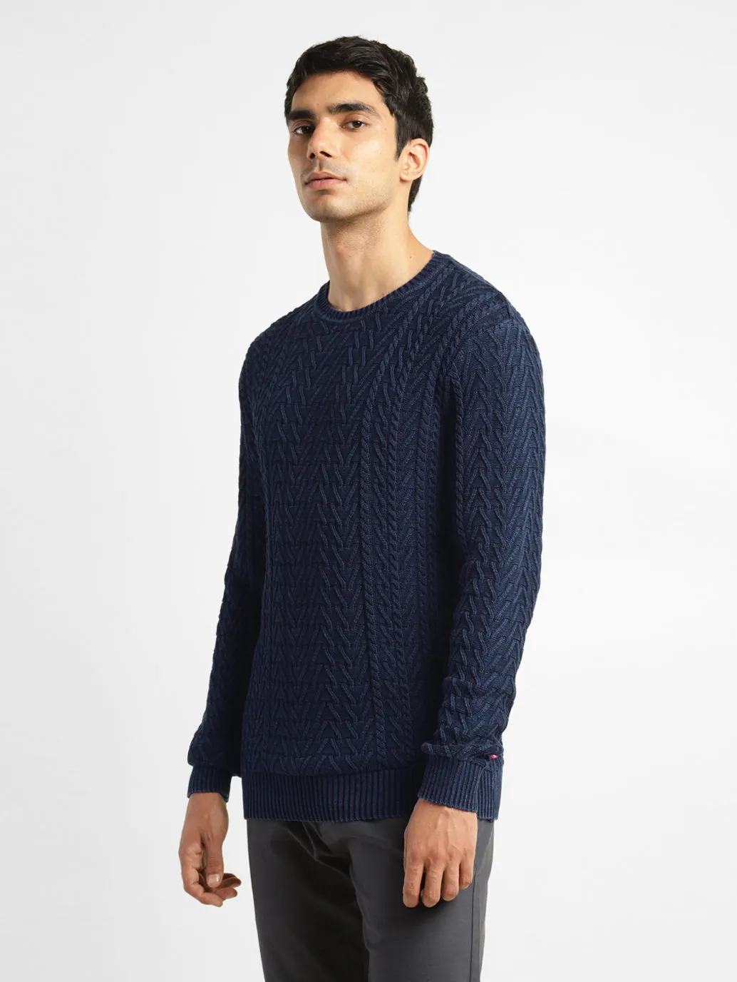 Men's Self Design Navy Crew Neck Sweater