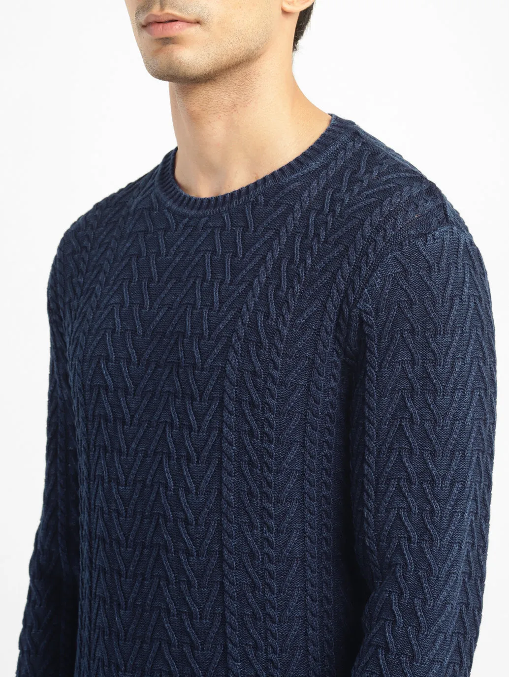 Men's Self Design Navy Crew Neck Sweater