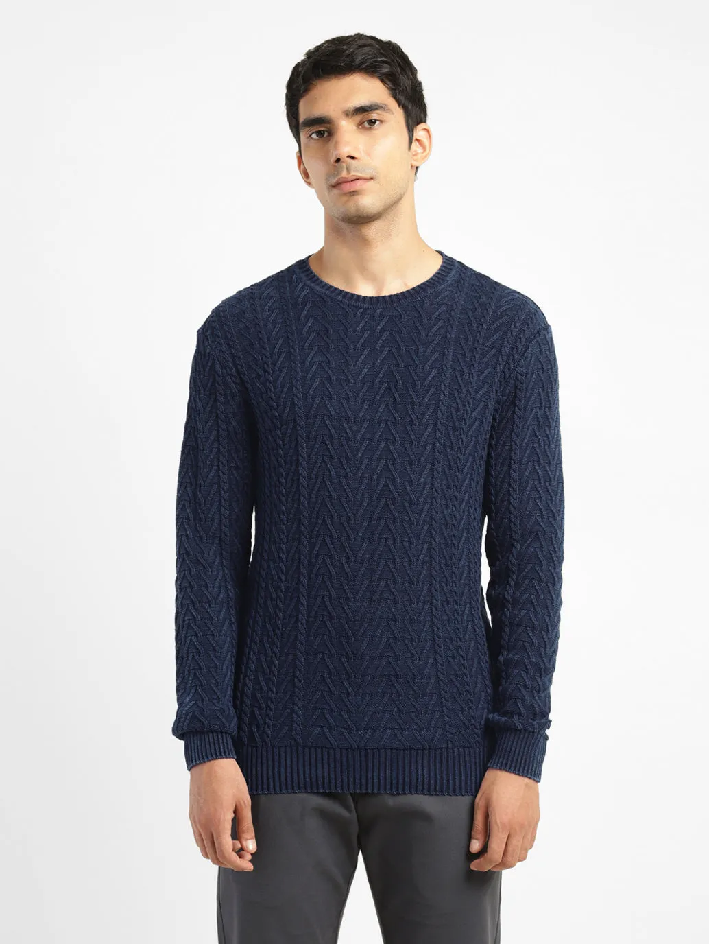 Men's Self Design Navy Crew Neck Sweater