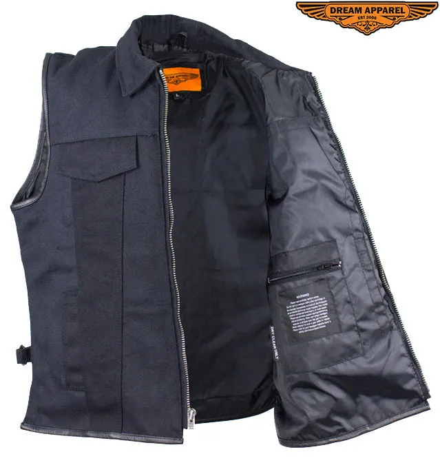 Mens Single Panel Canvas Motorcycle Vest With Gun Pockets