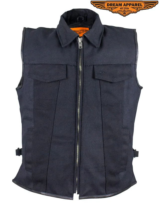 Mens Single Panel Canvas Motorcycle Vest With Gun Pockets