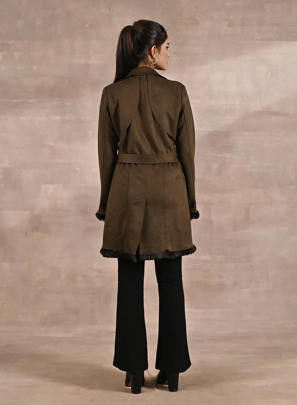 Olive Long Belted Trench Coat with Fur Detailing