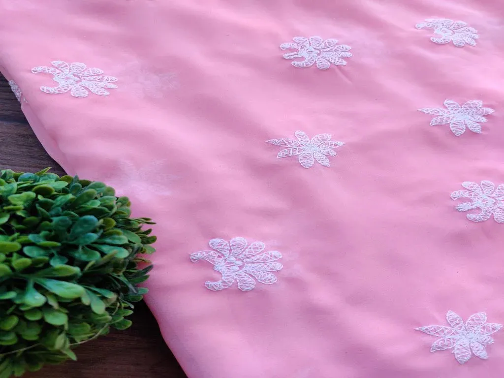 Peach & White Motifs Chikankari Georgette Fabric (Wholesale)